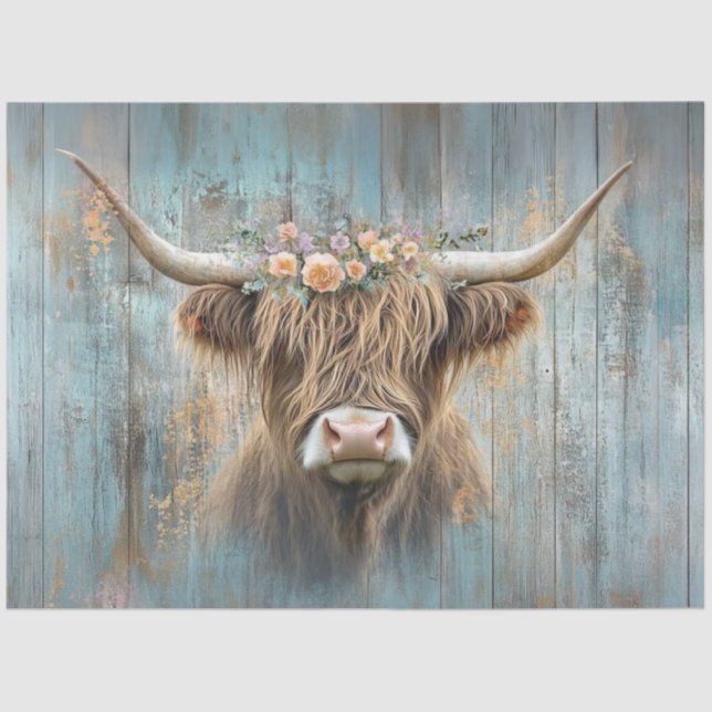 Decoupage Highland Cow Blue Distressed Background  Tissue Paper (Front)