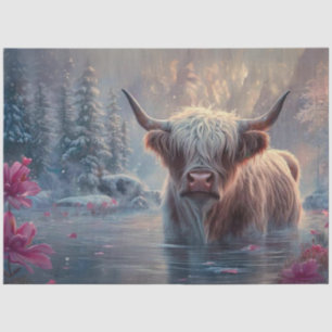 Decoupage Highland Cow in Pond Pink Flowers Tissue Paper