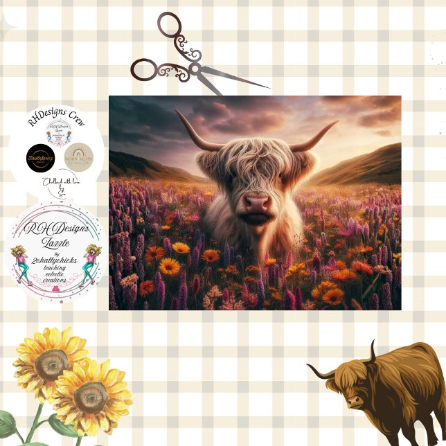 Decoupage Highland Cow Sunset Flowers  Tissue Paper (Creator Uploaded)