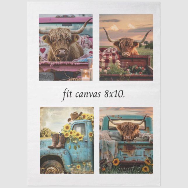 Decoupage Highland Cow Truck 8 x 10 Canvas Tissue Paper (Front)
