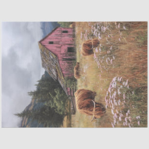 Decoupage Highland Cows Lush Fields Pink Barn Tissue Paper