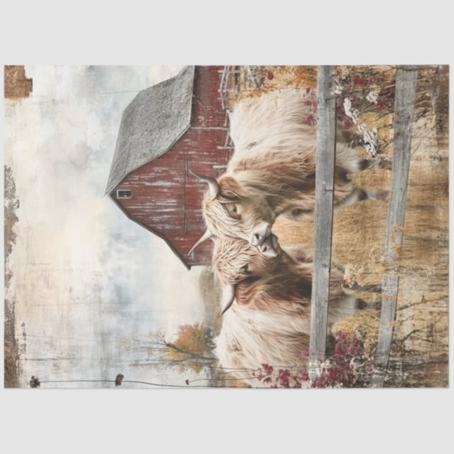 Decoupage Highland Cows Sage Grass Red Barn  Tissue Paper (Front)