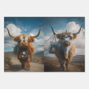 Decoupage Highland Haute Couture Steampunk Cows Wrapping Paper Sheet