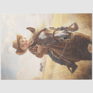 Decoupage Little Boy Riding Pony Wearing Hat Tissue Paper