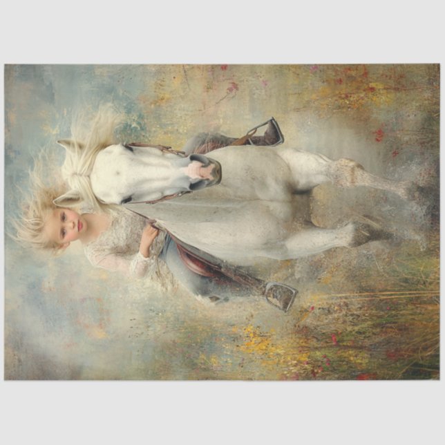 Decoupage Little Girl White Horse Field Flowers Tissue Paper (Front)