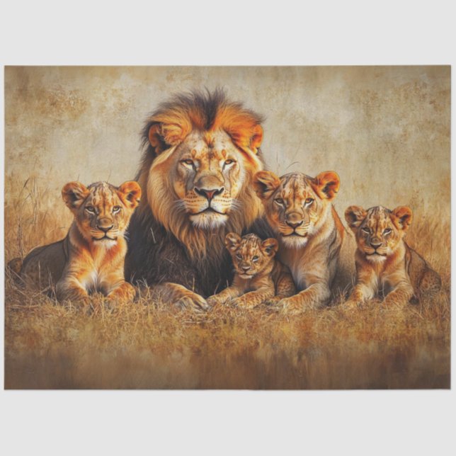 Decoupage Majestic Lion Lioness & 3 Cubs  Tissue Paper (Front)