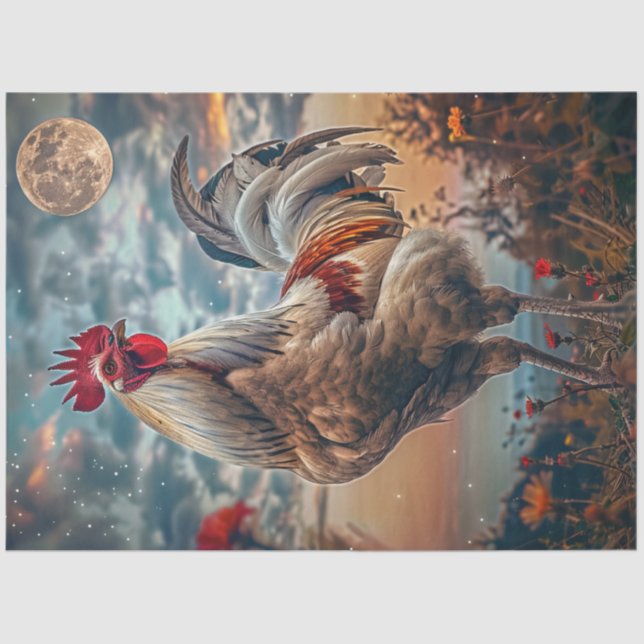 Decoupage Majestic Rooster Vibrant Night Sky Moon  Tissue Paper (Front)