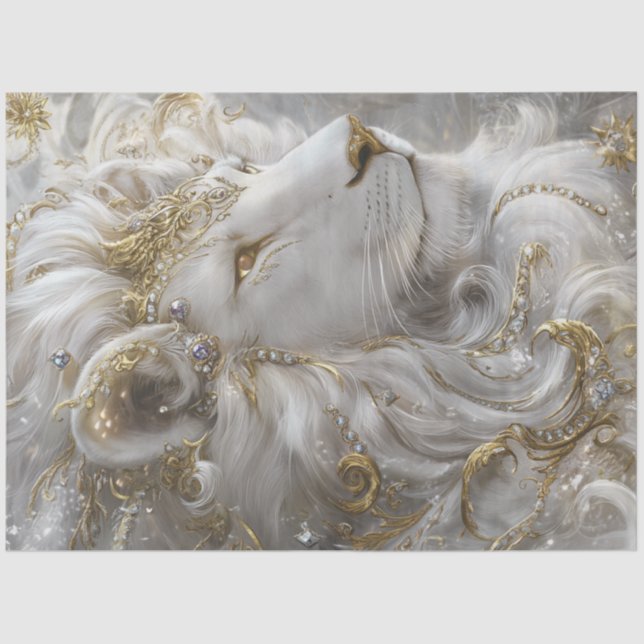 Decoupage Majestic White Lion Gold & Silver  Tissue Paper (Front)