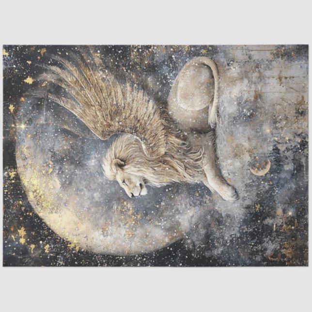 Decoupage Majestic Winged Lion Full Moon Scene Tissue Paper (Front)