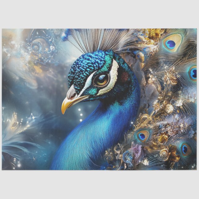 Decoupage Mystical Peacock in Blue Beige Gold Hues Tissue Paper (Front)