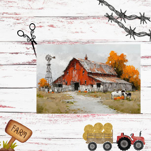 Decoupage Nostalgic Autumn Red Barn Cow Oil Paint Tissue Paper