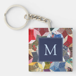 Decoupage Patchwork Stars Pattern Monogram Key Ring