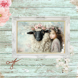 Decoupage Portrait of Sheep & Girl Pastoral Design Tissue Paper