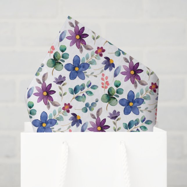 Decoupage Purple Blue Floral Flowers Watercolor Tissue Paper (Gift Bag)
