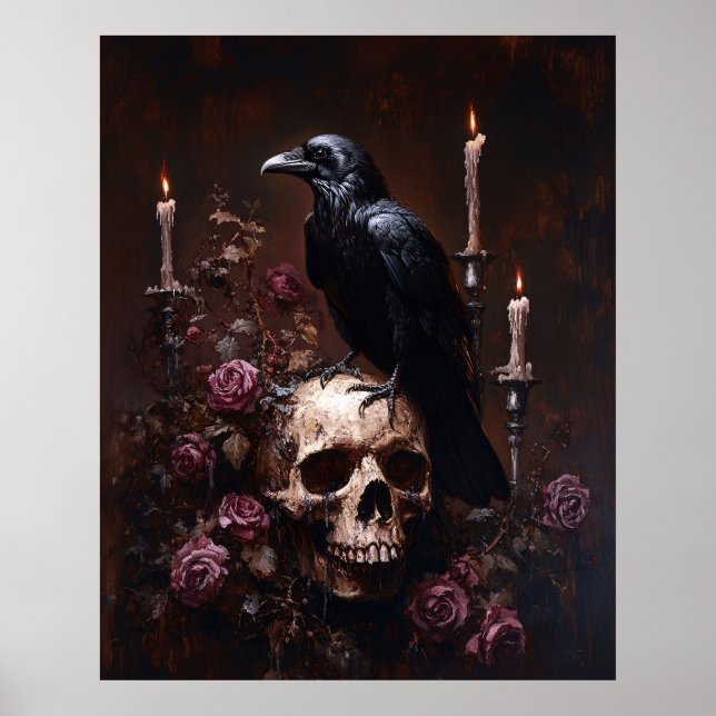 Decoupage Raven on Skull with Candles Poster (Front)