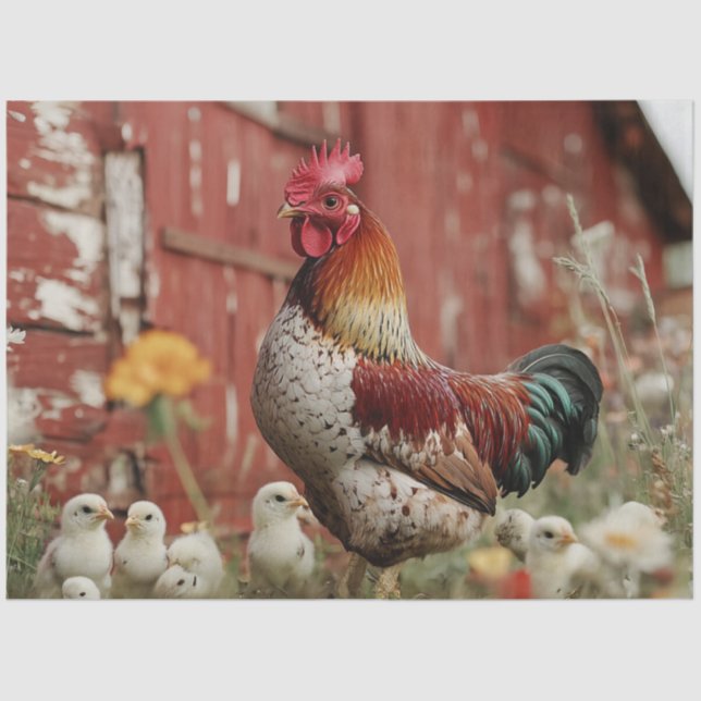 Decoupage Rustic Farm Scene Rooster Chicks Barn Tissue Paper (Front)