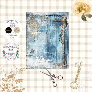 Decoupage Rustic Faux Blue Door Black Iron  Tissue Paper