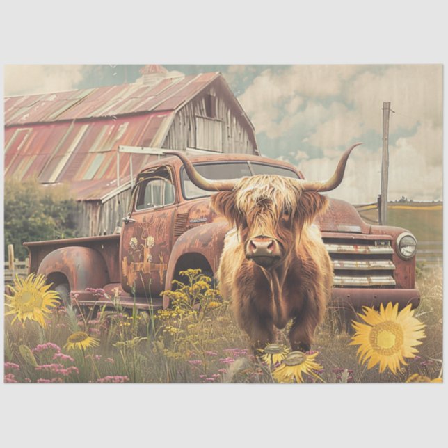 Decoupage Rustic Red Truck, Barn & Highland Cow  Tissue Paper (Front)