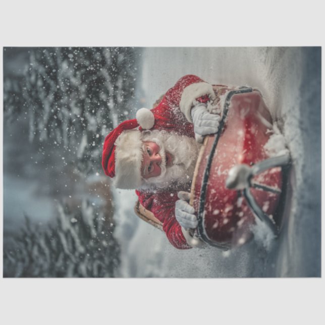 Decoupage Santa Laughing Riding Sled On Mountain Tissue Paper (Front)