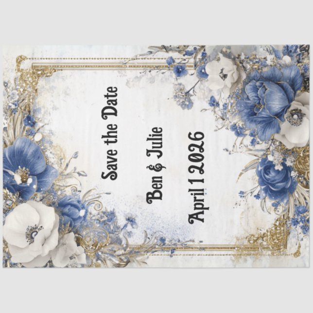 Decoupage Save The Date Blue Floral Boarder  Tissue Paper (Front)