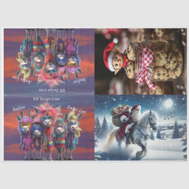 Decoupage Set 4 Elf Cookie Jar Santa Horse Tissue Paper (Front)