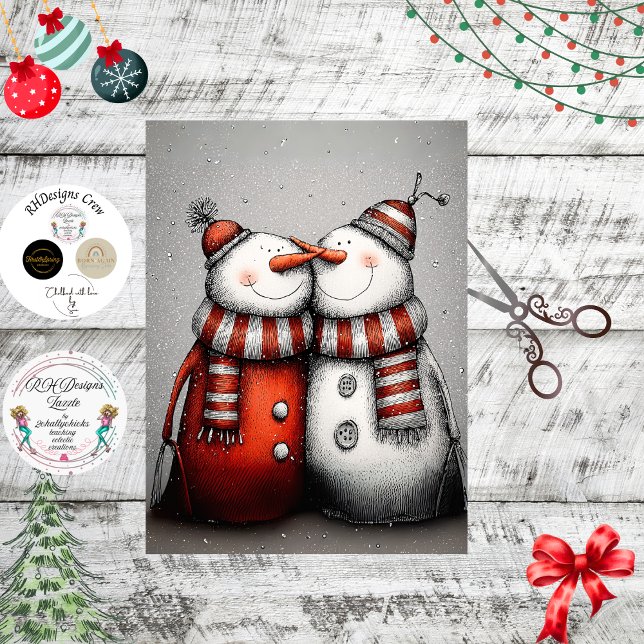 Decoupage Snowman Pair Red Hats Scarves  Tissue Paper (Creator Uploaded)