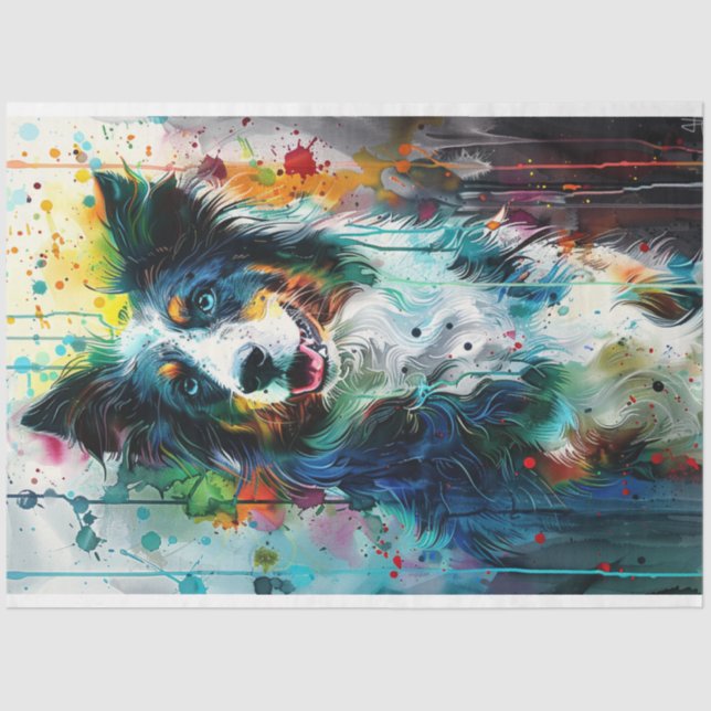 Decoupage Splatter Painted Australian Shepherd  Tissue Paper (Front)