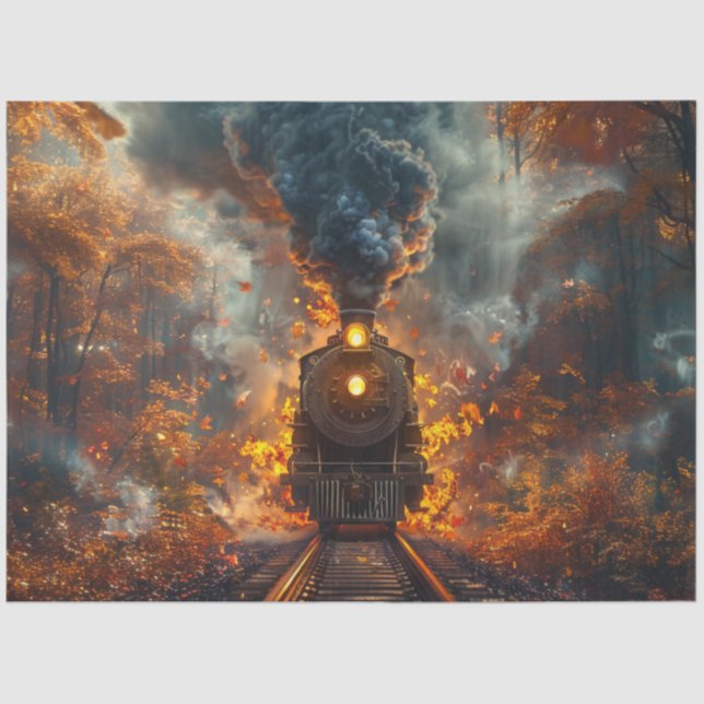 Decoupage Steam Locomotive Autumn Forest & Fire Tissue Paper (Front)