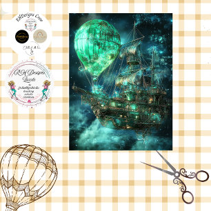 Decoupage Steampunk Blue Airship Air Balloon Tissue Paper