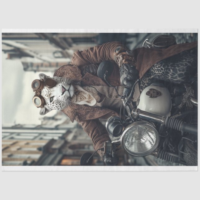 Decoupage Steampunk Leo Leopard Motorcycle Rider Tissue Paper (Front)