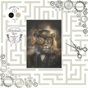 Decoupage Steampunk Lion Intricate Gears Cigar  Tissue Paper
