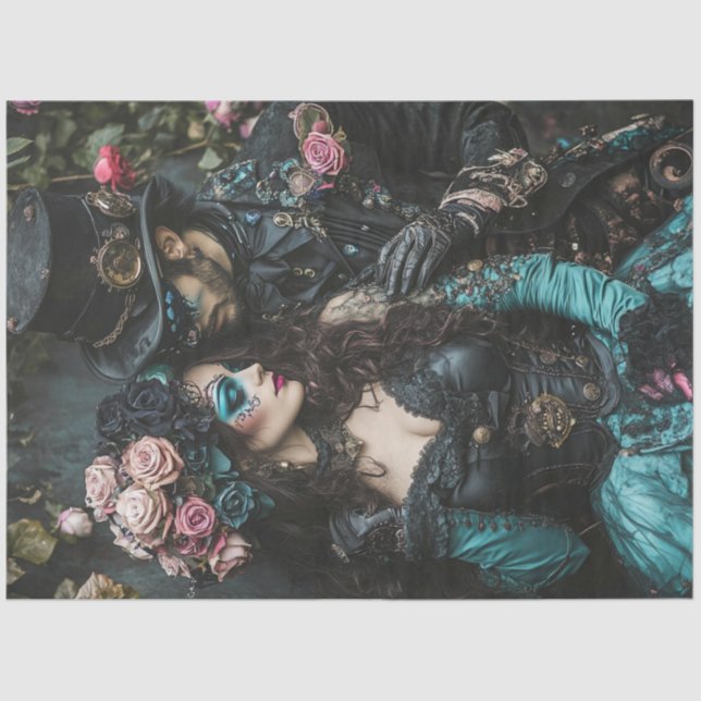 Decoupage Steampunk Valentine Couple Teal Black Tissue Paper (Front)