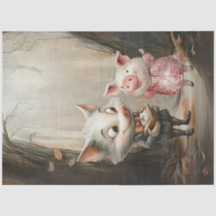Decoupage Story Book Illustration Wolf & Pig Woods Tissue Paper