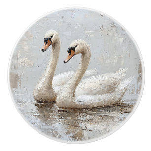Decoupage Swan Pair Oil Painting Ceramic Knob