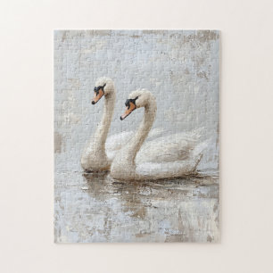 Decoupage Swan Pair Oil Painting Jigsaw Puzzle