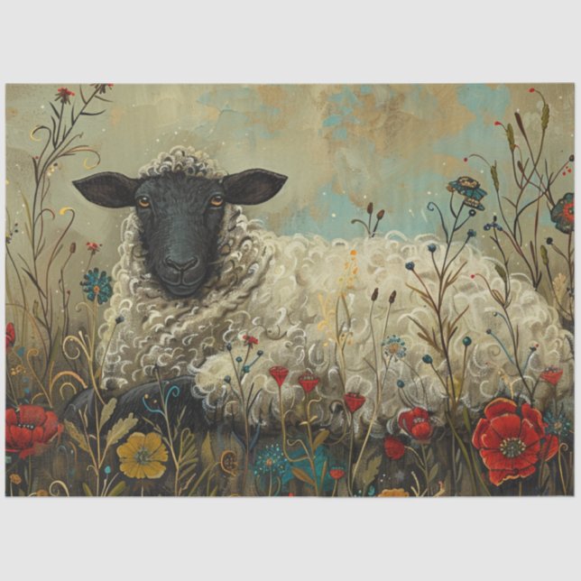 Decoupage Textured Botanical Sheep Artwork  Tissue Paper (Front)