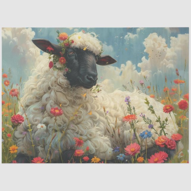 Decoupage Textured Wildflower Sheep in a Field Art Tissue Paper (Front)