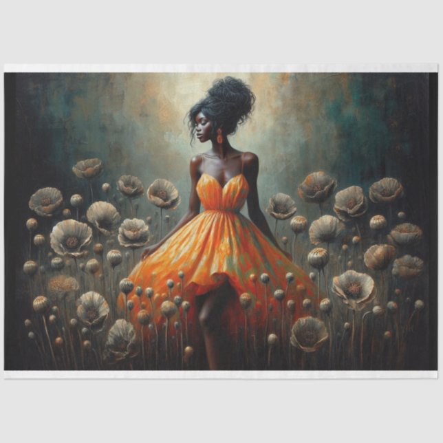 Decoupage Tissue Paper Fluro Orange Poppies Woman (Front)