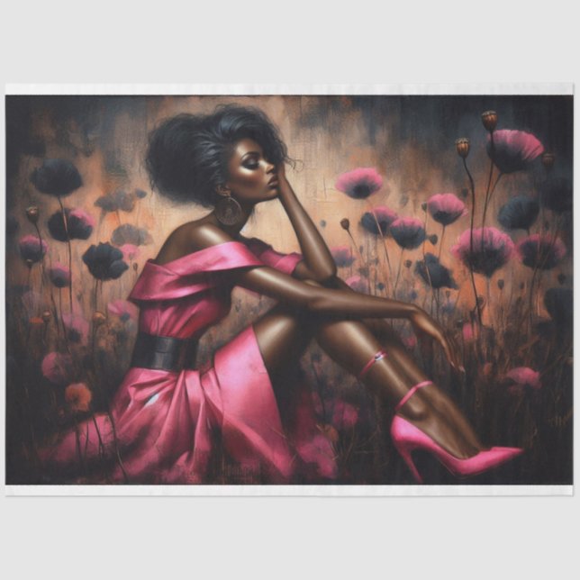 Decoupage Tissue Paper Hot Pink Poppies Woman  (Front)