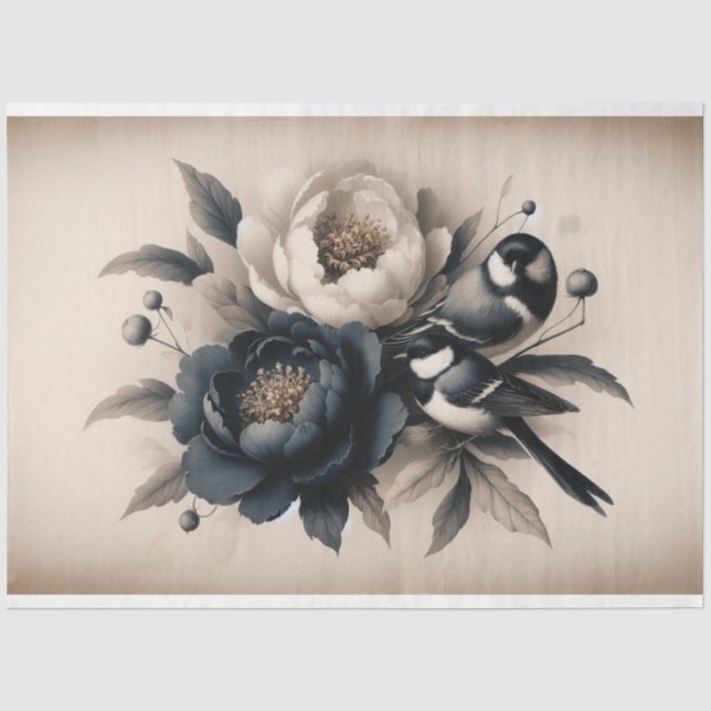 Decoupage Tissue Paper Peony Floral Bird Design (Front)