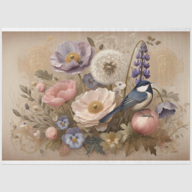 Decoupage Tissue Paper Peony Floral Bird Design (Front)