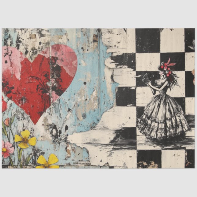 Decoupage Valentine Red Heart Chequered Pattern  Tissue Paper (Front)