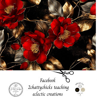Decoupage Vibrant Red Flowers Gold Silver Trim Tissue Paper