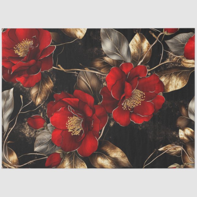 Decoupage Vibrant Red Flowers Gold Silver Trim  Tissue Paper (Front)