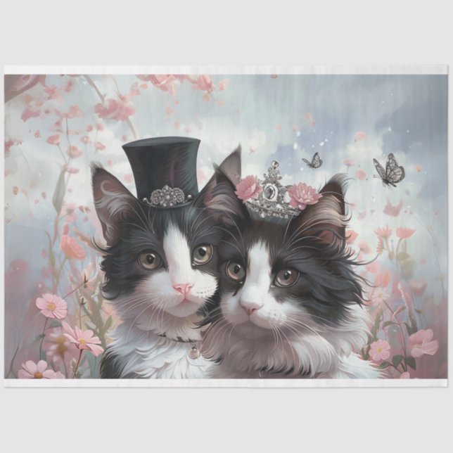 Decoupage Vintage French Mr. & Mrs. Cats Tissue Paper (Front)