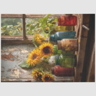 Decoupage Vintage Mason Jars Window Seal Flowers  Tissue Paper