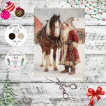 Decoupage Vintage Poster Christmas Santa & Horse Tissue Paper<br><div class="desc">A heartwarming holiday illustration featuring Santa Claus standing beside a majestic brown horse with a white blaze, both dusted in gentle snowfall. Santa wears his classic red and white fur-trimmed coat and hat, smiling warmly as he holds the reins. The horse’s harness hints at sleigh-pulling charm, while the snow-covered rooftops...</div>