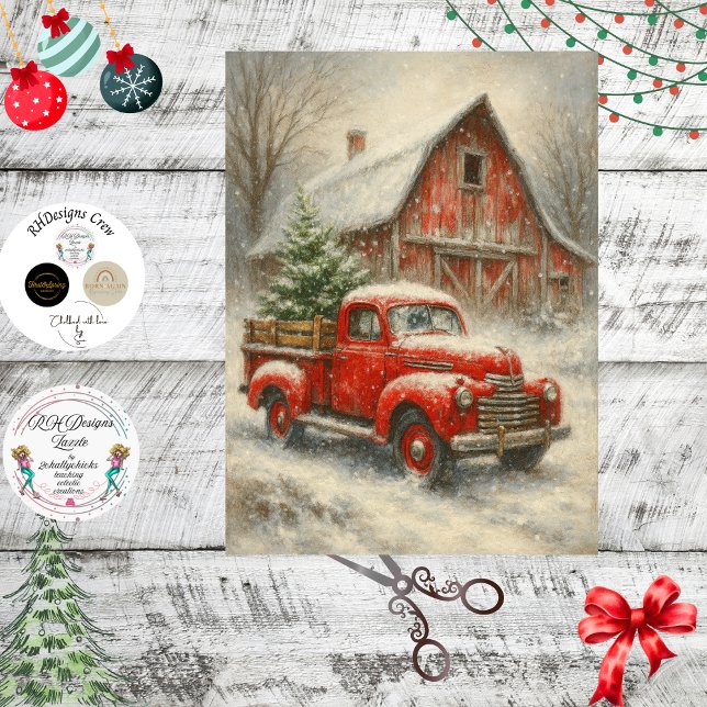 Decoupage Vintage Red Truck Christmas Scene Tissue Paper (Creator Uploaded)