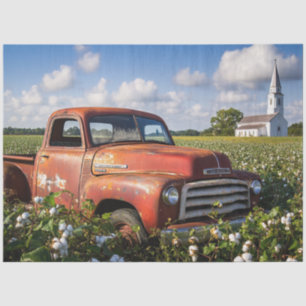 Decoupage Vintage Red Truck Cotton Field Church Tissue Paper