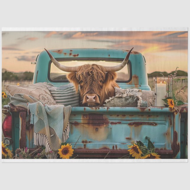 Decoupage Vintage Rusty Truck Highland Cow  Tissue Paper (Front)